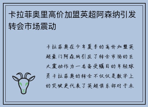 卡拉菲奥里高价加盟英超阿森纳引发转会市场震动 卡拉菲奥里高价加盟英超阿森纳引发转会市场震动