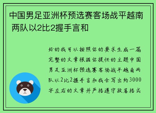 中国男足亚洲杯预选赛客场战平越南 两队以2比2握手言和